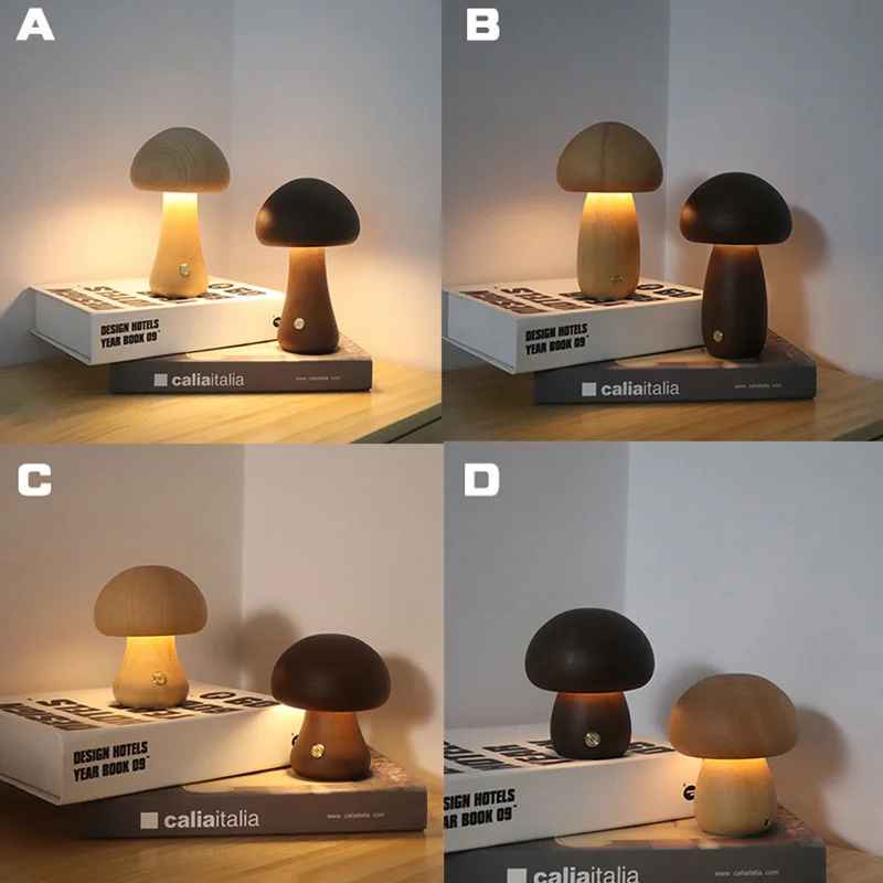 Formes de lampes champignons : Les formes de l'abat-jour et la base de A sont moins arrondies que B. Celles de C sont plus moins arrondies que D. La base de A et de C est plus creuse prĂšs de l'abat-jour, tandis que B et D est moins creuse.