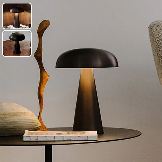 Lampe champignon de couleur bronze se trouve sur une table à café avec deux encarts de différents décors.