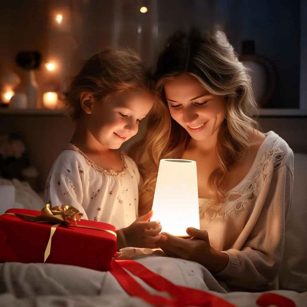 On voit une maman qui montre le fonctionnement de la Lampe de chevet tactile | LumiTouch qu'elle vient de lui offrir en cadeau.