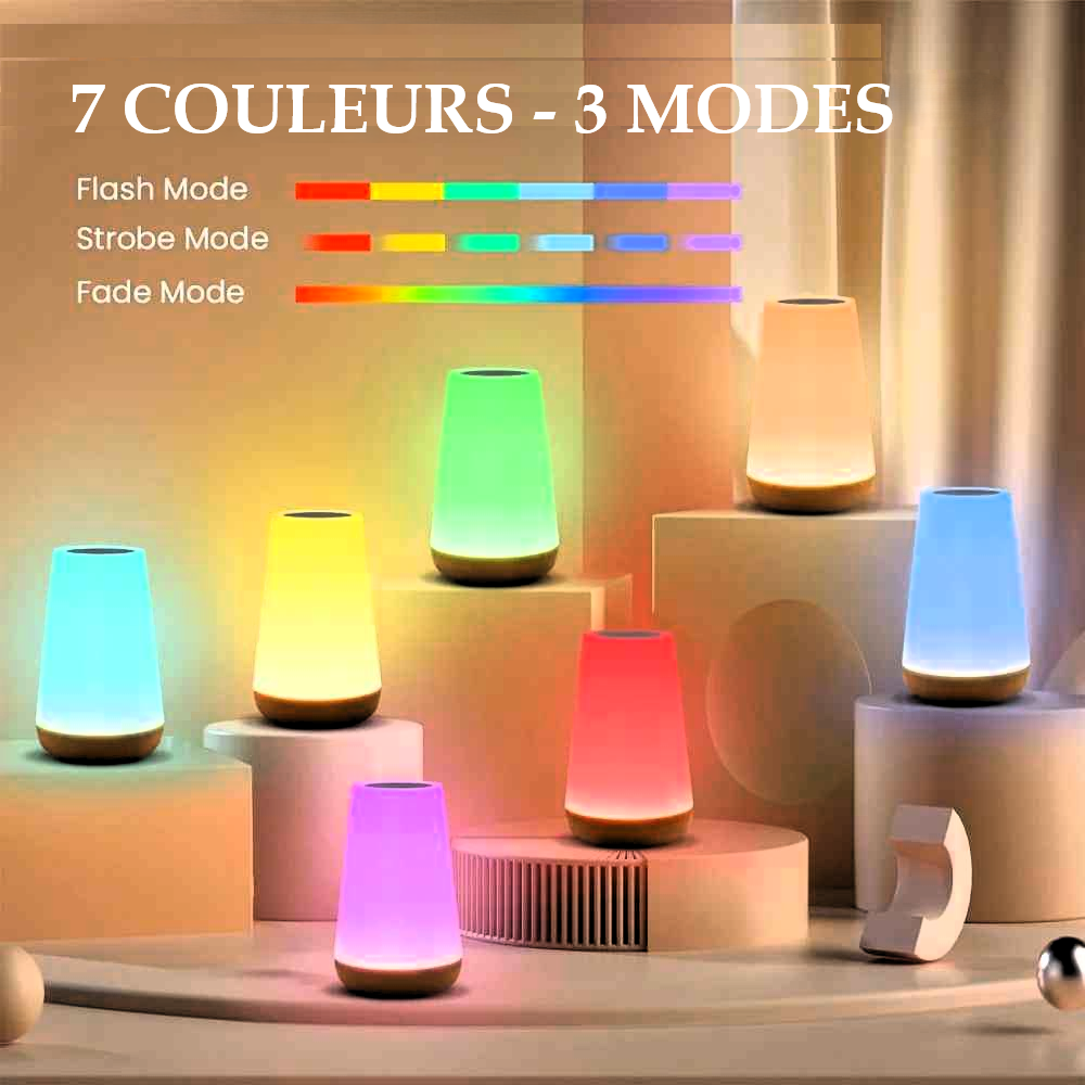 7 Lampes de chevet tactile | LumiTouch avec l'éclairage de couleurs différents et On voit les Modes de variation d'éclairage possibles.