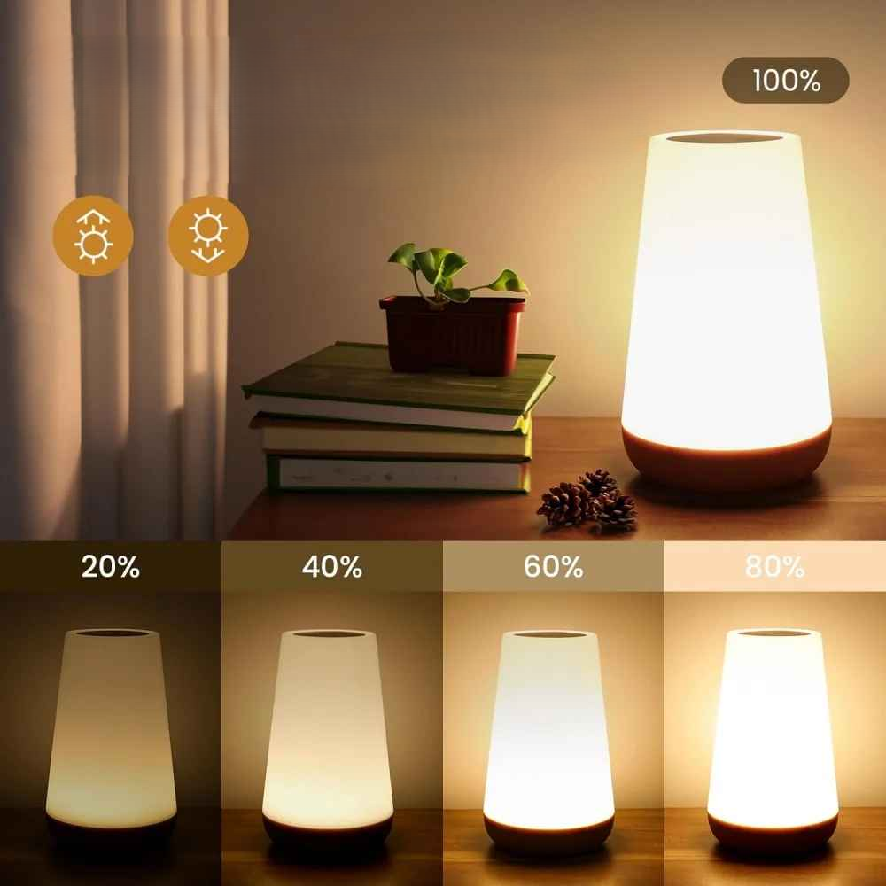 On voit cinq intensités d'éclairage possible avec la Lampe de chevet tactile | LumiTouch, soient : 20%; 40%; 60%; 80% et 100%