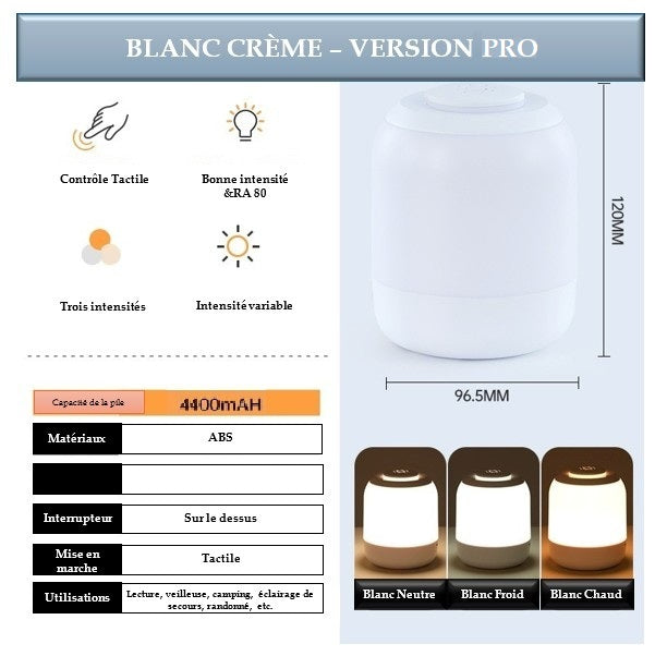 Entête Blanc Crème-Version PRO
Fiche description 4 sections de gauche à droite haut à bas :
1. 4 pictogrammes : Contrôle Tactile, Bonne intensité &RA80, 3 intensités, Intensité variable
2. lampe dimensions : 120 mm haut, 96.5 mm large
3. Un tableau 2 par 6 :
Capacité de la pile : 4400 mAH
Matériaux : ABS
Ligne vide
Interrupteur : Sur le dessus
Mise en marche : Tactile
Utilisation : Lecture, veilleuse, camping, éclairage de secours, randonné, etc.
4. Images 3 intensités : blanc neutre, froid et chaud