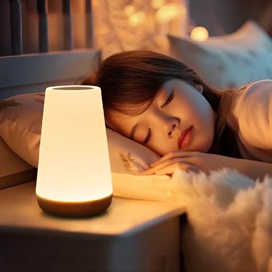 On voit un fille endormie avec la Lampe de chevet tactile | LumiTouch encore allumée sur sa table de chevet.