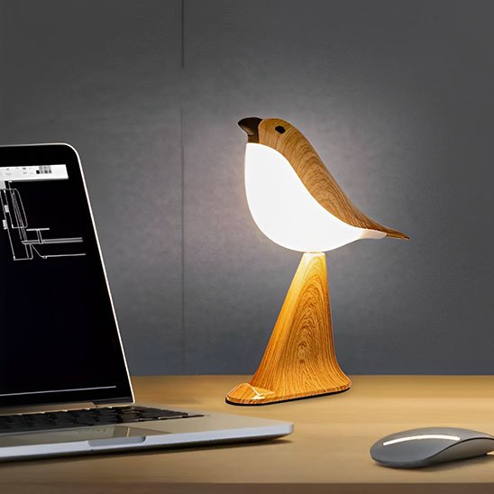 On voit un ordinateur portable ouvert avec la Lampe de chevet tactile | NatureBird de couleur Etre appelé jaune.