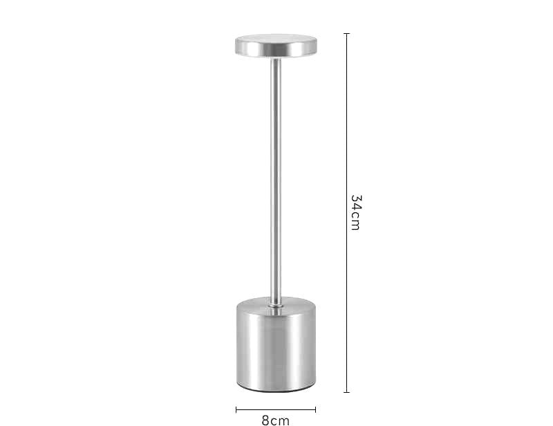 Cette image donne les dimensions Lampe de table | Design Minimaliste LED : 34 cm de haut, sa base et sa tête ont un diamètre de 8 cm.