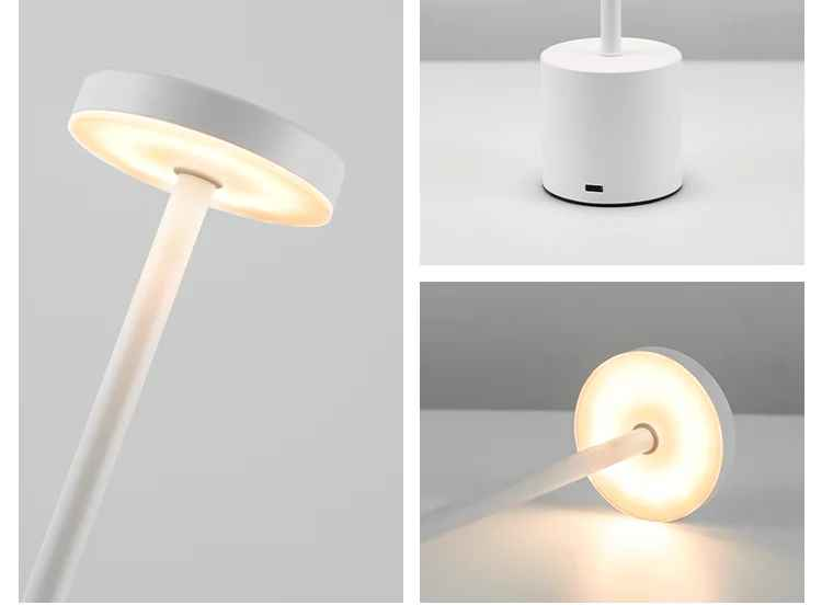 Cette image montre toute les partie de la Lampe de table | Design Minimaliste LED couleur Blanche. Sa base avec vue sur le port USB; sa tête et son bras.