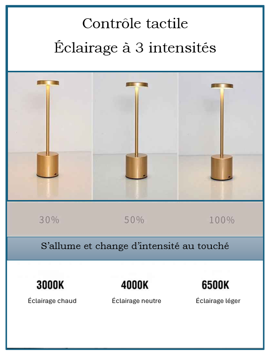 Lampe de table | Design Minimaliste LED de couleur Or-Rose. Intensité d'éclairage à 30% = 3000K; 50% = 4000K et 100% = 6500K