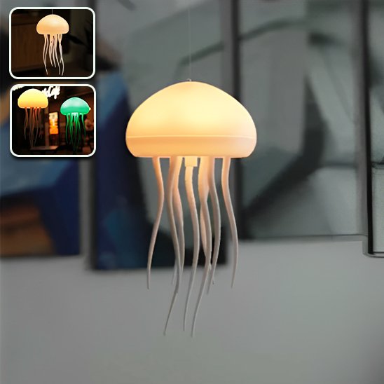 Lampe suspendue en forme de méduse devant des tableau. Deux encarts montrent la lampe, de différentes couleurs dans des décors différents.