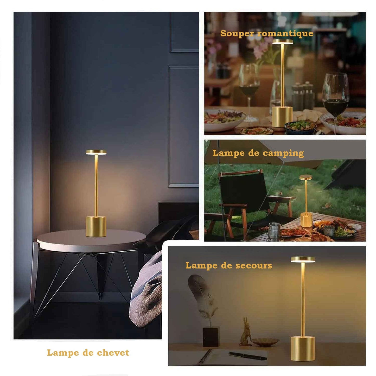 L'image de la Lampe de table | Design Minimaliste LED est composée de quatre encarts pour démontrer sa versatilité : lampe de chevet, éclairage pour un souper romantique, lampe de camping ou comme lampe de secours lors d'une panne d'électricité.