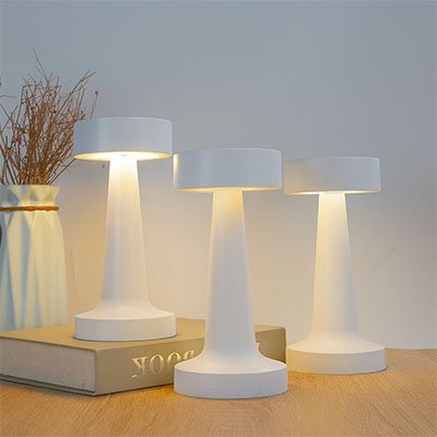 3 Lampes de table | Design Minimaliste deux sont posées sur la table et une est par-dessus un livre fermé sur cette même table.