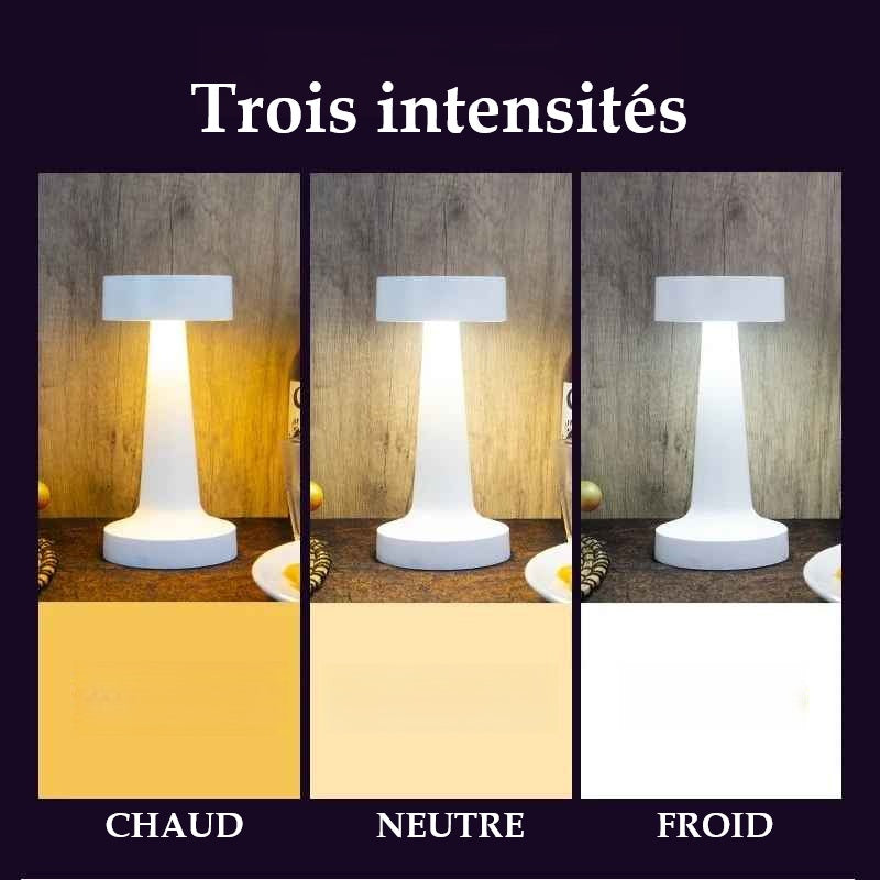 Image qui montre les trois intensités (Chaud, Neutre, Froid) de la Lampe de table | Design-Minimaliste -Blanche
