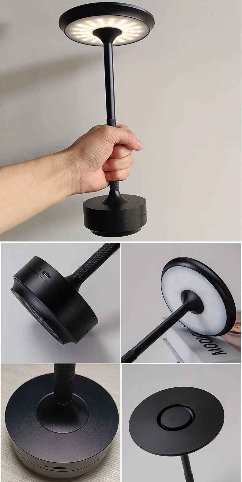 Image en 5 encarts faisant des Zooms sur chaque partie de la lampe de table MoedernTouch Noire
