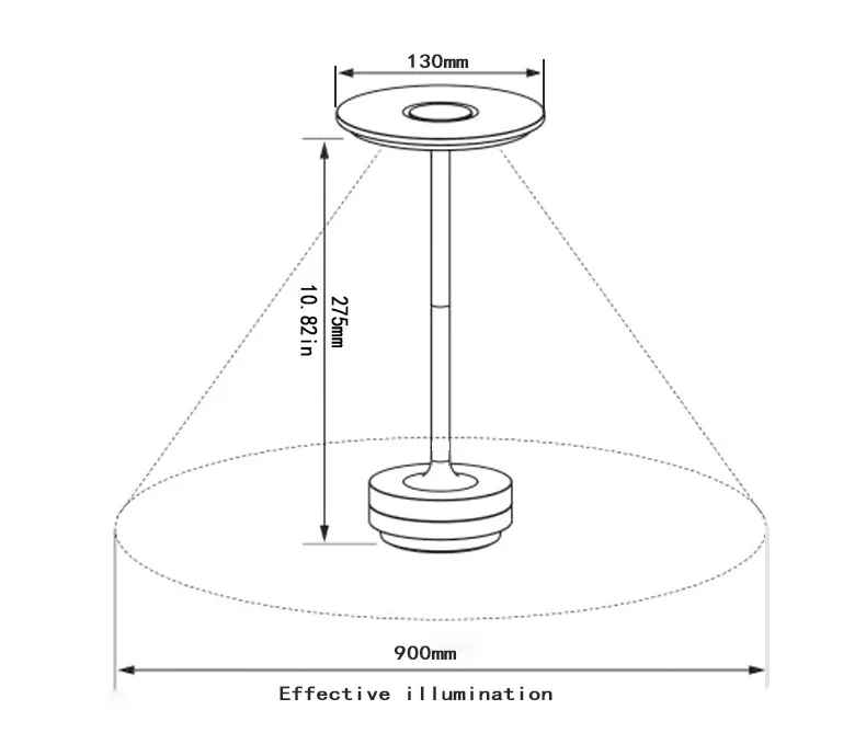 Dessin sketch pour démontrer les dimensions de la Lampe de table ModernTouch qui mesures 275mm/10.82 pouces de haut par 130 mm de large. On voit également la projection d'éclairage qui projette environ 900 mm de lumière directe tout autour de cette lampe
