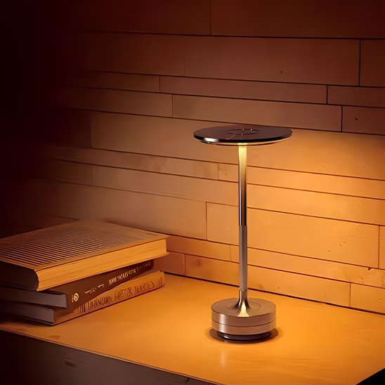 Lampe MoedernTouch de couleur argent pose sur un meuble à côté de trois livre couchés sur ce meuble.