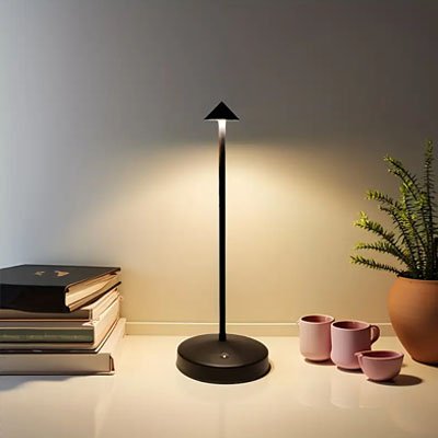 Un lampe de table | Scandinave posée sur une table avec des tasses et des volumes.