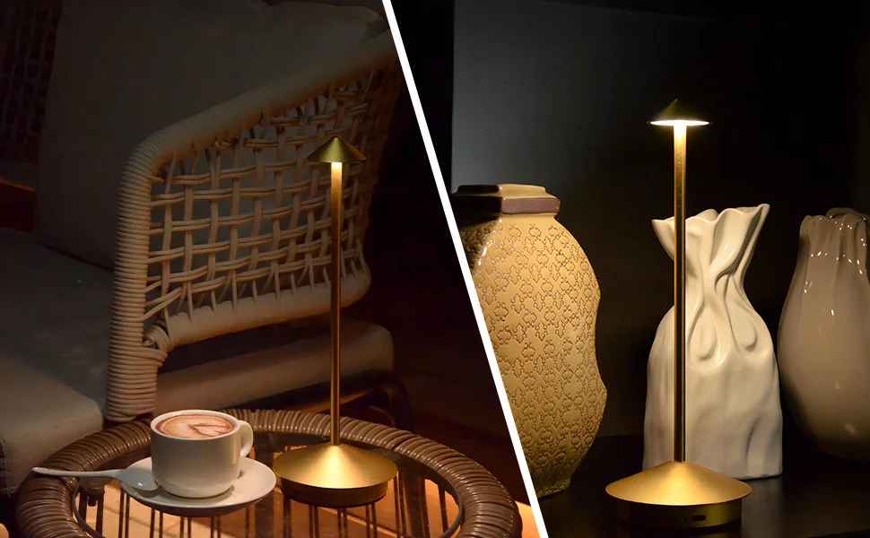 Deux images séparée Lampes de table | Scandinave sur une table à café et l'autre dans une étagère contenant des vases