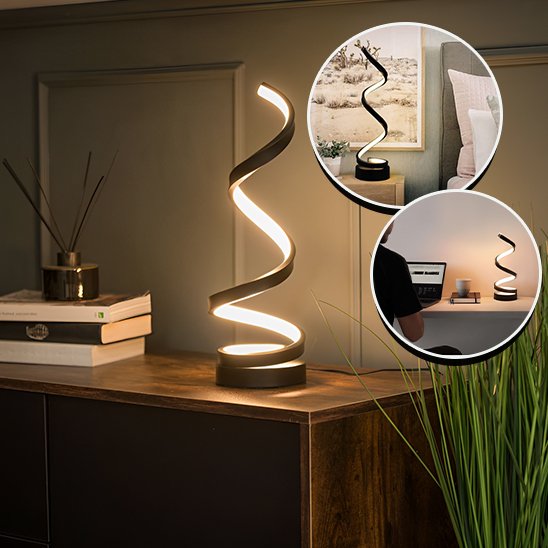 Lampe de chevet de forme spirale déposée sur un bureau avec deux encarts de décors différents dont un espace de travail et l'autre une chambre.