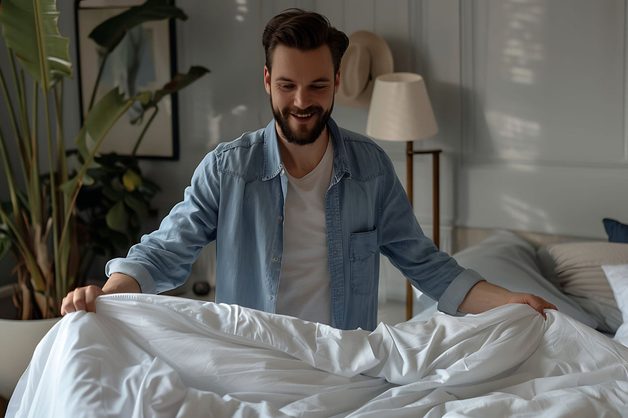 Un homme qui fait un lit