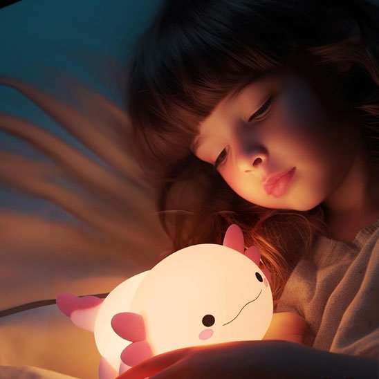 Veilleuse bébé Axolotl Nuit Douce rose entre les mains d'une fillette
