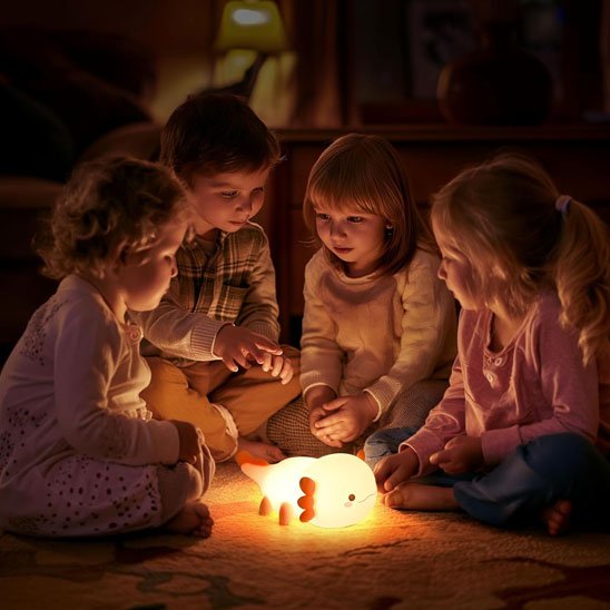 Veilleuse bébé Axolotl Nuit Douce douce couleur orange lorsqu'elle est tamisée au center de 4 enfants