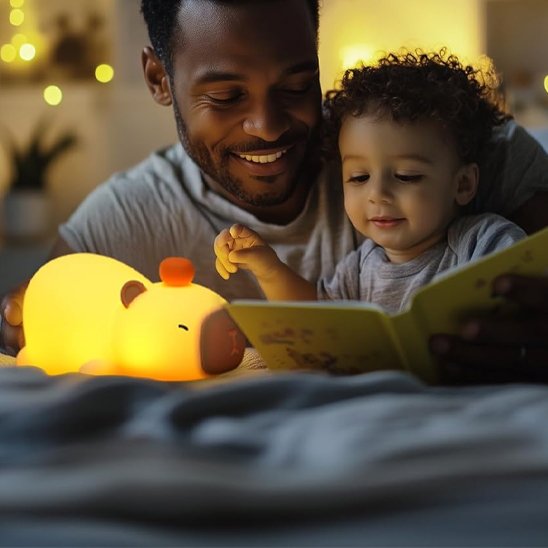 Un papa lit une histoire à son enfant à éclairé par la veilleuse bébé | CochonLumineux Kapybara