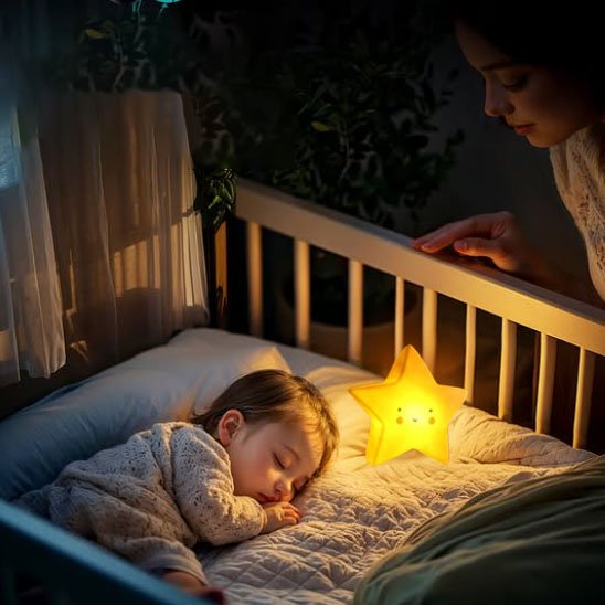 Une veilleuse bébé | Étoile Douce Nuit de couleur Jaune posée sur le lit d'un bébé endormi sur lequel maman veille