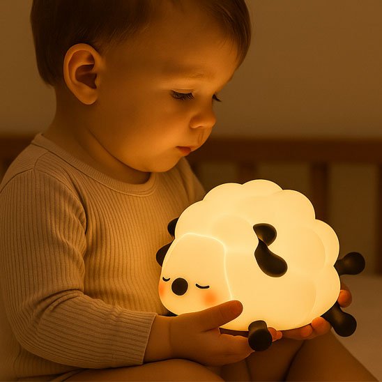 Un enfant est fasciné par la veilleuse bébé | Mouton Dodo qu'il tient dans ses mains