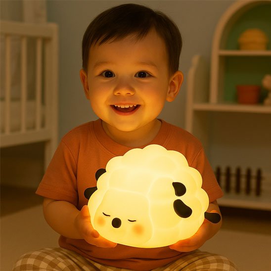 Un jeune enfant heureux tient dans ses mains la veilleuse bébé | Mouton Dodo qui illumine son sourire