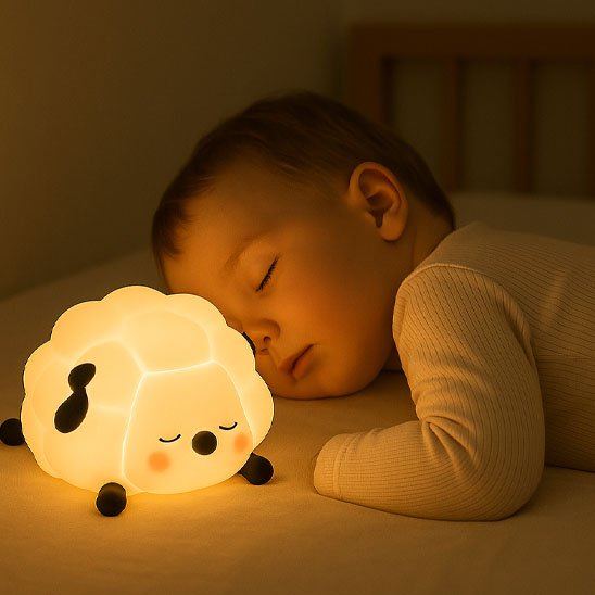 Un bébé dort éclairé par la veilleuse bébé | Mouton Dodo