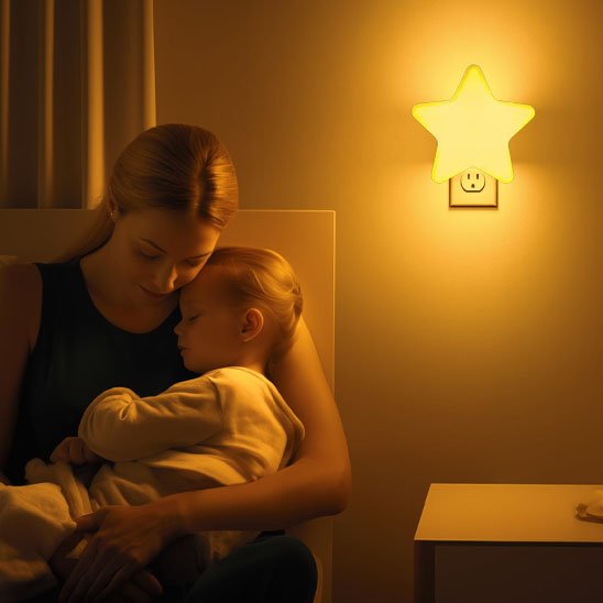 Nuit-Paisible Jaune | Veilleuse pour bébé en forme d'étoile avec une maman qui tient son bambin endormi.