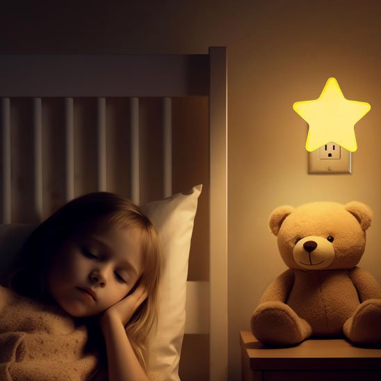 Nuit-Paisible Jaune | Veilleuse pour bébé en forme d'étoile avec une fillette endormie