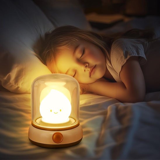 La veilleuse bébé | Goutte-Apaisante de couleur jaune, est posée sur le lit à côté d'une petite fille endormie