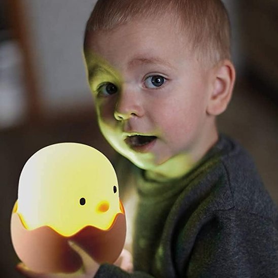 Un jeune enfant tient la veilleuse enfant | Poussin Dodo dans ses mains