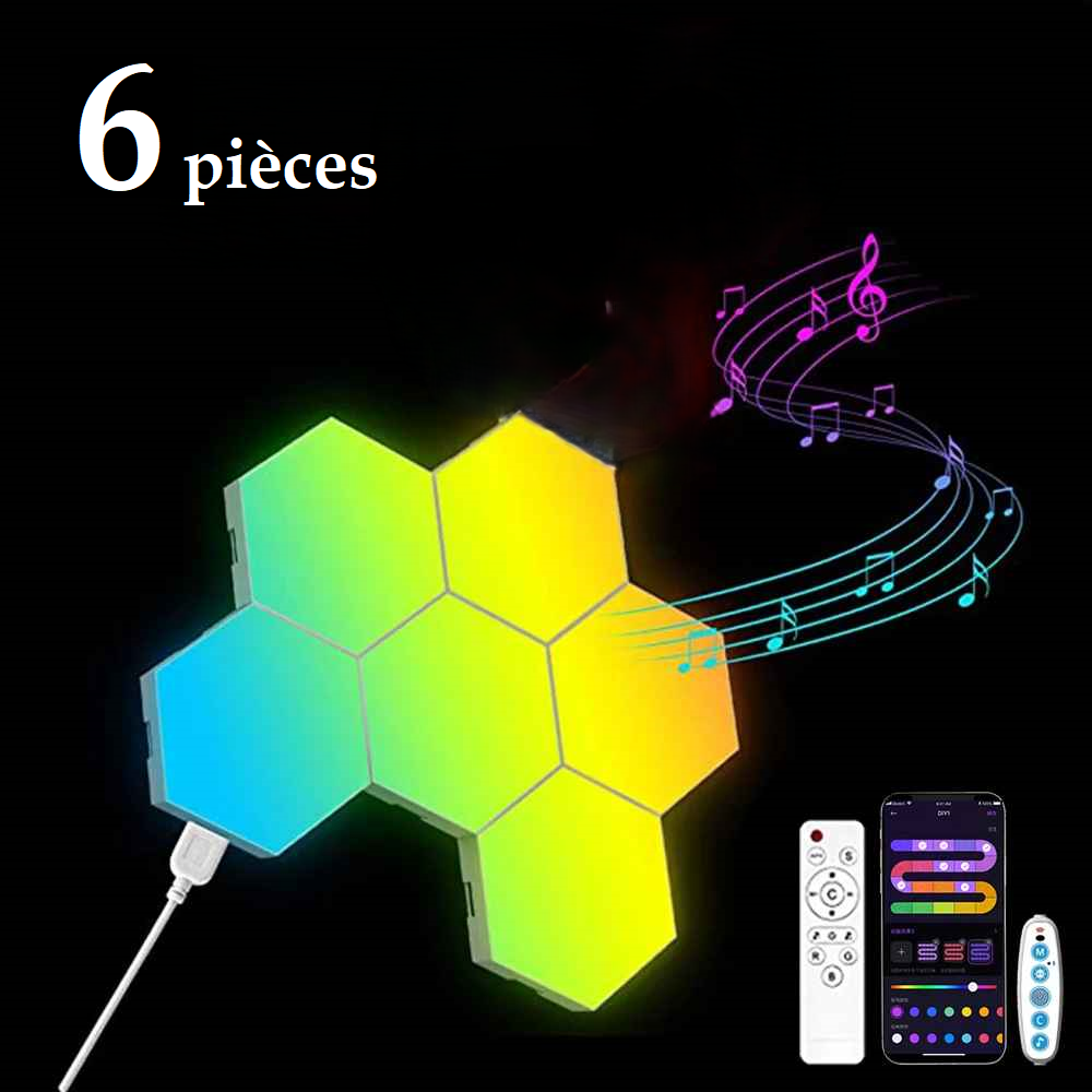 On voit un ensemble de appliques murales intérieur ! DesignHexa avec les télécommandes et l'application affiche sur un cellulaire.