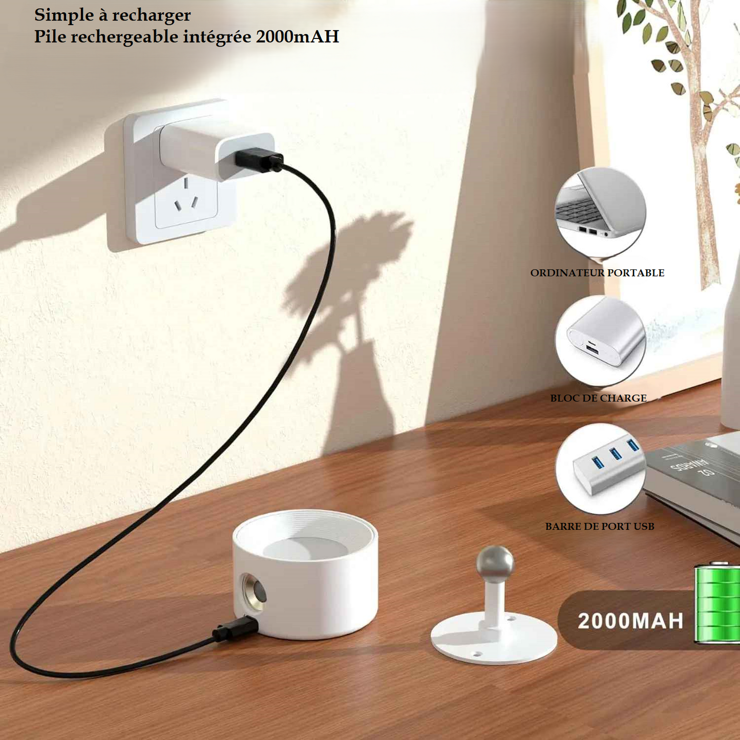 applique murale chambre | Design Luminescence de couleur blanche comprend une pile rechargeable 2000 mAH. Elle est simple Ă recharger sur un ordinateur portable, avec son bloc de recharge ou sur une barre de PORT-USB