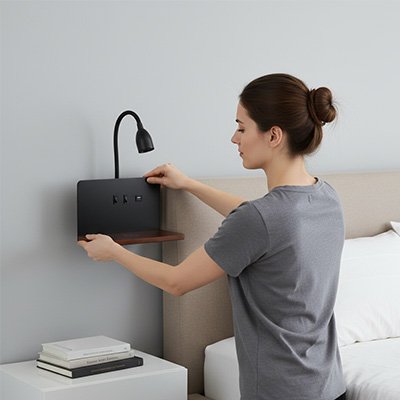 On voit une femme installer une applique murale pour chambre | DesignFunction de couleur noire au-dessus de sa table de chevet blanche.