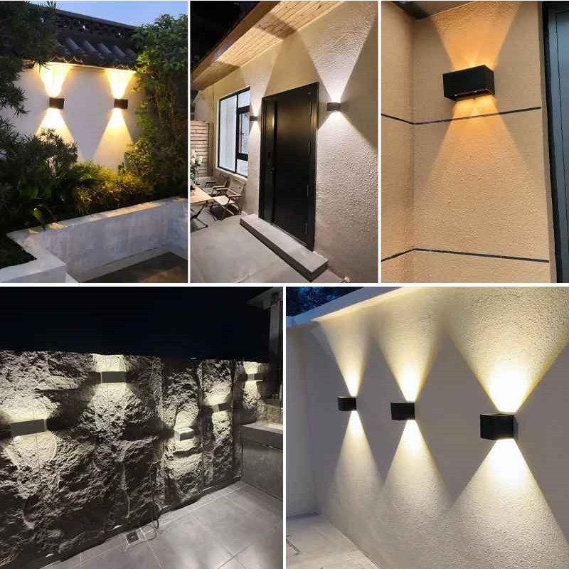 On voit cinq encarts qui présentent différentes installations des appliques murales | Luminescence 6, 12 et 24 watts