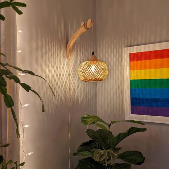 On voit la lueur texturĂ©e sur le mur auquel est accrochĂ© l'applique murale rotin | Artisanale, qui pend au-dessus d'une grosse plante verte. On voit ce mĂȘme Ă©clairage projetĂ© sur le cadre sur le mur adjacent