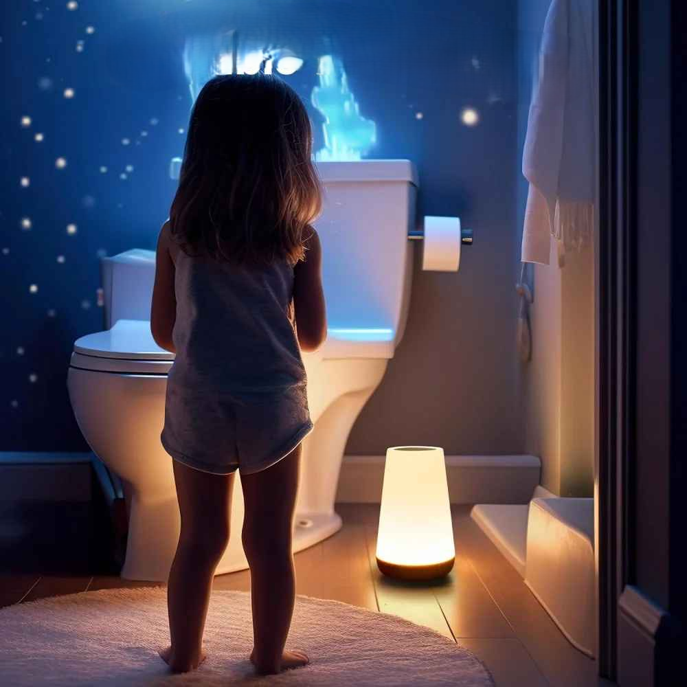 On voit une fillette dans la salle de bain avec la Lampe de chevet tactile | LumiTouch qui est sur le sol près de la toilette. 