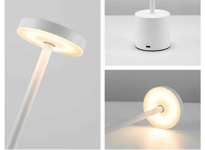 Cette image montre toute les partie de la Lampe de table | Design Minimaliste LED couleur Blanche. Sa base avec vue sur le port USB; sa tête et son bras.
