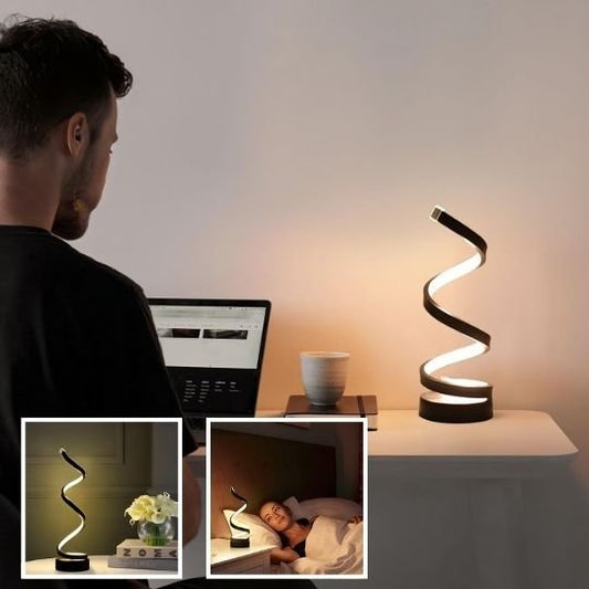 Lampe en spirale avec un homme qui travail et un des deux encarts montre une femme au lit.