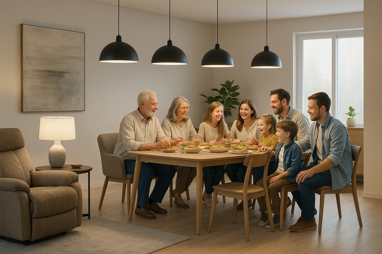 Deux pièces à aire ouverte au décor contemporain, soient : le living room et la salle à dîner, sont décorées avec de lampes suspendues et on aperçoit une lampe de table sur une table à café du living room qui se trouve entre deux fauteuils inclinables qui sont invitants et confortables. On voit autour de la table des convives dont un couple de grand-parent, le père, la mère et leurs trois enfants. Tous semblent heureux de partager un bon repas en famille.