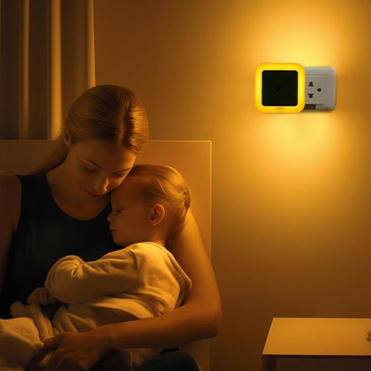 La veilleuse bébé | Intelligente de couleur Jaune Une maman est endormie avec son enfant dans les bras