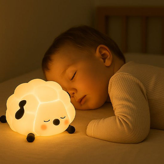 Un bébé dort éclairé par la veilleuse bébé | Mouton Dodo 