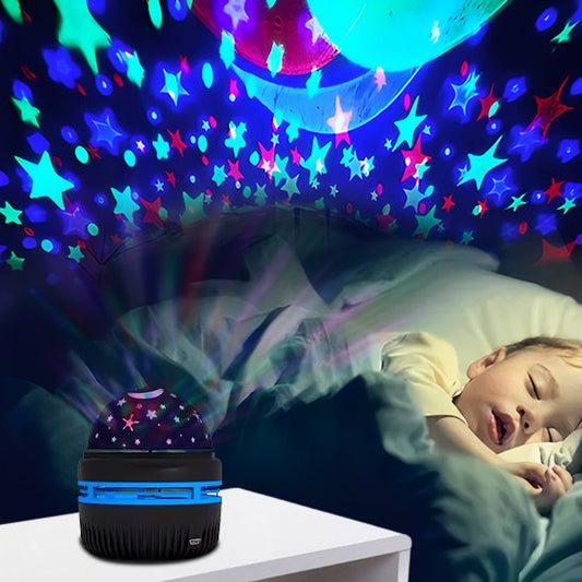 Un enfant s'est endormi avec les étoiles colorées que la veilleuse projection plafond | CielEtoileMagique fait tournoyer dans sa chambre
