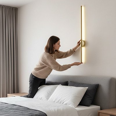 On voit une femme qui installe l'applique murale pour chambre | Cozy Elegance sur le mur, centrée au-dessus de sa tête de lit.