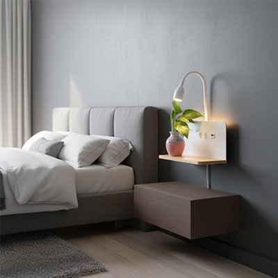 On voit l'applique murale pour chambre | DesignFunction blanche avec une plante sur sa tablette. Elle est installée au mur au-dessus d'une table de chevet 