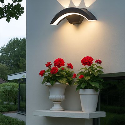On voit l'applique murale pour extérieur | Elégance allumée au dessus de deux gros pots posés sur une tablette. Ils contiennent des plantes annuels, de magnifiques Bégonias rouges.