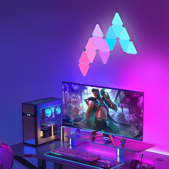 On voit 15 appliques murales interieur | Design Reuleaux installées au mur d'un espace bureau qui illuminent la pièce du rose à menthe 