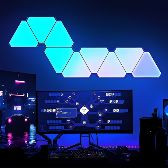 On voit 9 appliques murales interieur | Design Reuleaux installées sur la vitrine d'un espace bureau qui illuminent la pièces avec des teintes pâles qui varient de menthe à blanc et une dernière de couleur bleue
